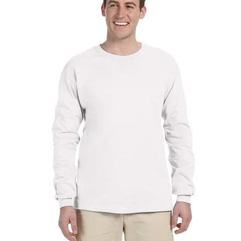 A man wearing a plain white long-sleeve crewneck shirt and beige pants, standing against a solid white background.